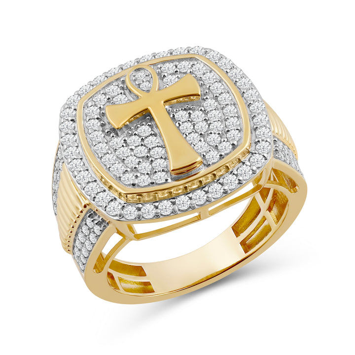 CUSHION ANKH UNISEX DRIPZ RING with Cubic Zirconia Stones and 14K Yellow Gold over Sterling Silver