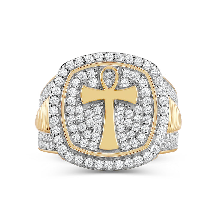 CUSHION ANKH UNISEX DRIPZ RING with Cubic Zirconia Stones and 14K Yellow Gold over Sterling Silver