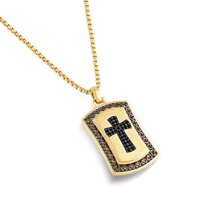 HEART FILIGREE BORDERED CROSS MEN'S DRIPZ DOGTAG NECKLACE  with Black Cubic Zirconia Stones and 14K Yellow Gold over Sterling Silver