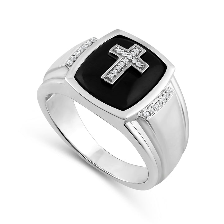 BLACK ONYX CROSS MEN'S DRIPZ RING
with Cubic Zirconia Stones and Sterling Silver and Black Onyx Stone