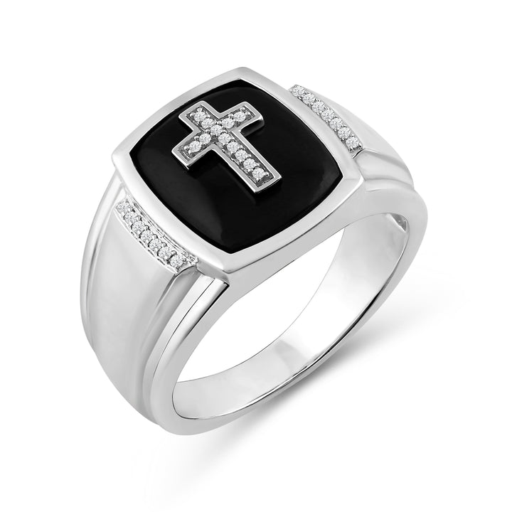 BLACK ONYX CROSS MEN'S DRIPZ RING
with Cubic Zirconia Stones and Sterling Silver and Black Onyx Stone